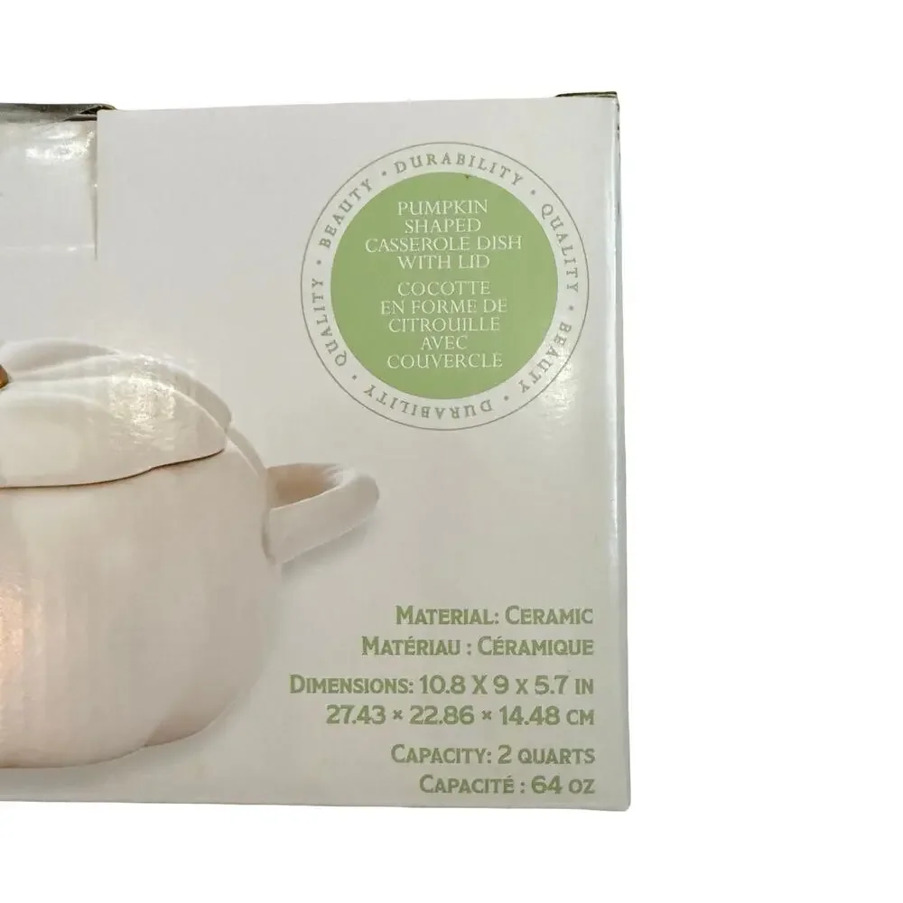 Pfaltzgraff White Pumpkin Casserole Dish Stoneware Cream Gold Stem NEW in Box